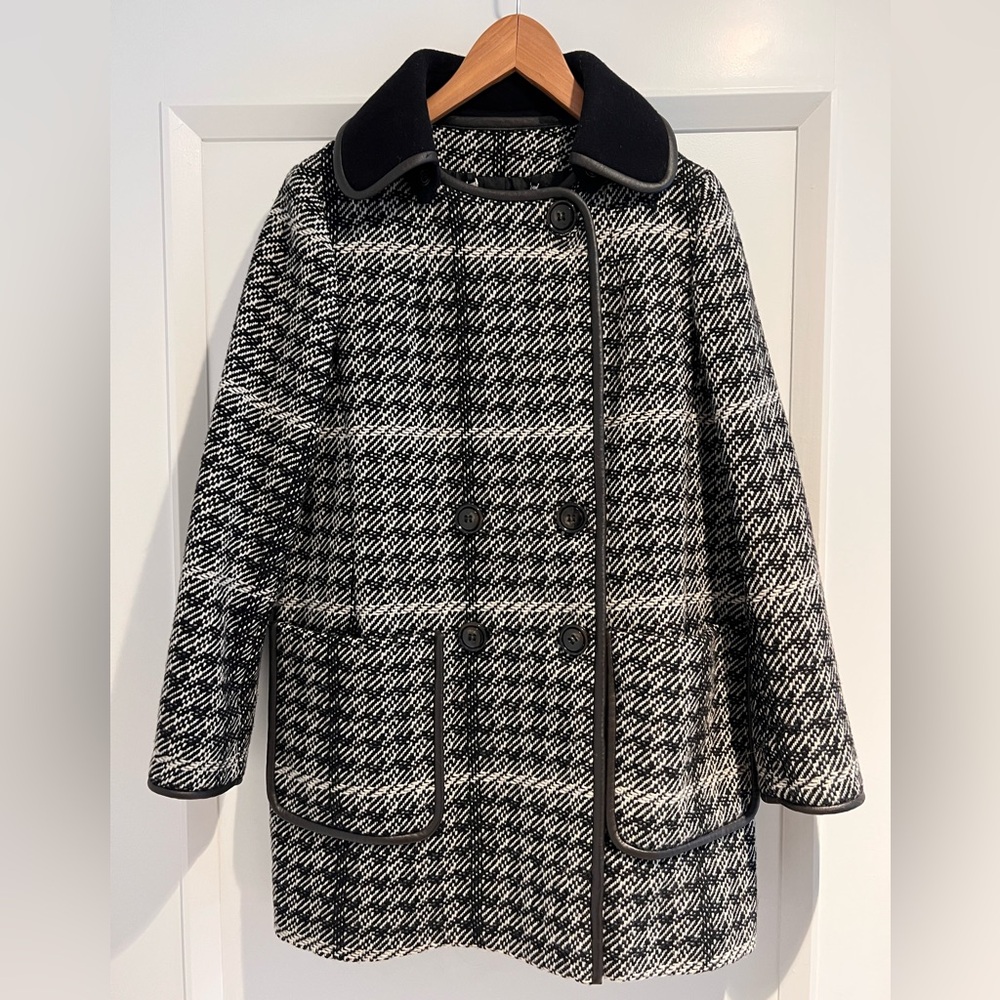 MaxMara Black and White Checkered Pea Coat with Removable Collar